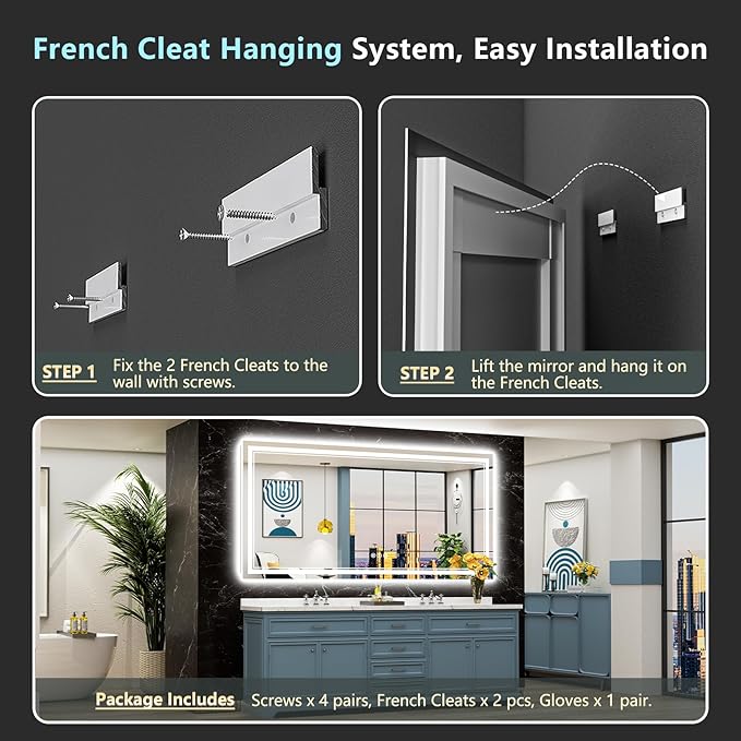 84x40 LED Bathroom Mirror with Lights, Backlit & Front Lit, Anti-Fog Frameless Lighted Vanity Mirrors for Bathroom Wall, Dimmable, 3-Color Light, Memory, Shatter-Proof, Tempered Glass, CRI>90