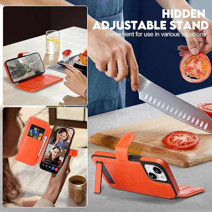 CIVICASE for iPhone 13/iPhone 14 Wallet Case with Stand,PU Leather Flip Credit Card Holder Slots (RFID Blocking),Compatible with Magsafe Magnetic Holder Phone Cover Women Men,Orange