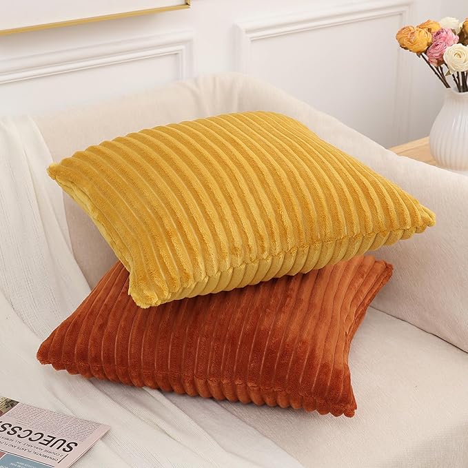 Simmore Decorative Spring Throw Pillow Covers 20x20 Set of 2, Soft Natural Plush Flannel Double-Sided Fluffy Couch Pillow Covers for Sofa Living Room, Mustard Yellow