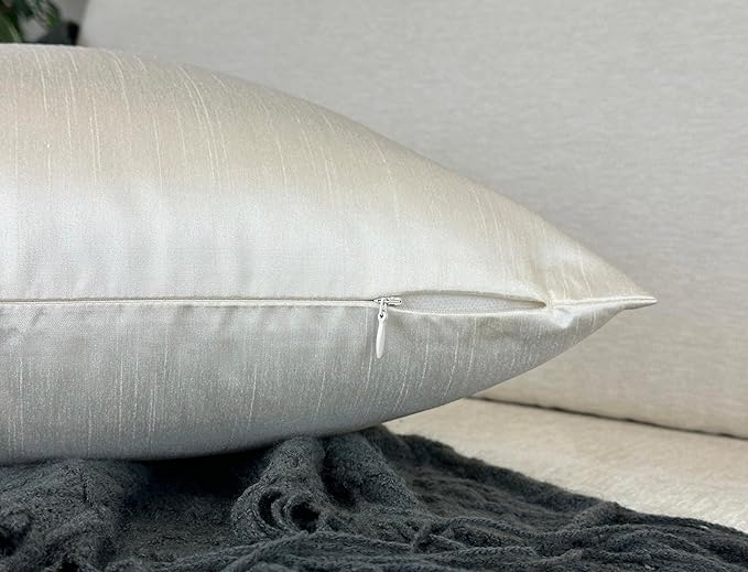 Aiking Home 12x18 Inches Faux Silk Rectangular Throw Pillow Cover, Zipper Closure, Ivory (Set of 2)