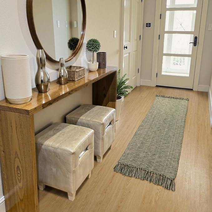 Collive Kitchen Runner Rug 2' x 4.3', Hand-Woven Cotton Reversible Washable Entryway Runner Rug, Natural/Green Farmhouse Bathroom Rug Modern Bedroom Carpet for Laundry Room Front Door Décor