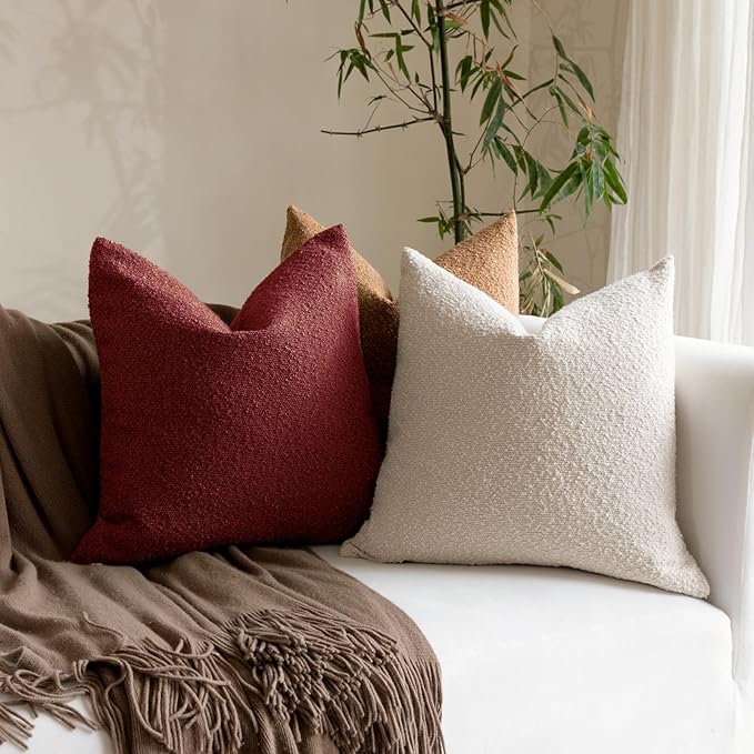 Boucle Decorative Throw Pillow Covers for Couch Set of 2, 16x16 inches, Burgundy