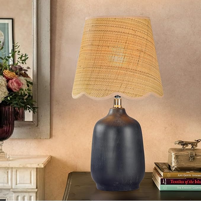 Pia Ricco 19" Modern Ceramic Table Lamp for Living Room Cream Base Desk Lamps for Bedroom Farmhouse Bedside Nightstand Lamp End Table Lamps,Black,Rattan Shade