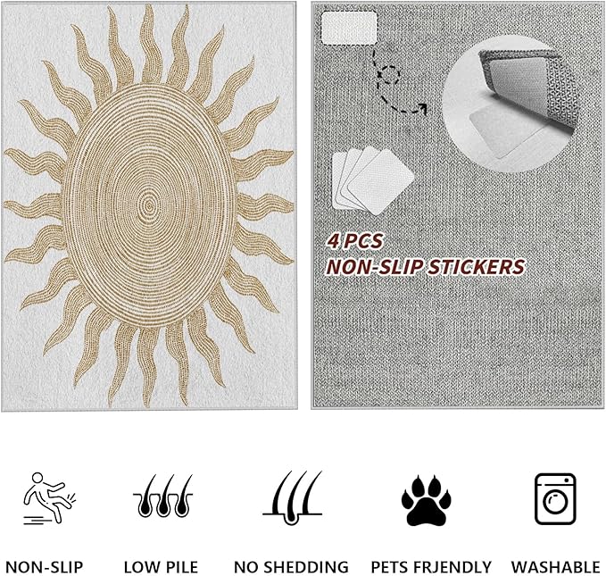 Boho Washable Rugs for Bedroom 4x6, Modern Sun Print Soft Minimalism Area Rug, Non Slip Low Pile Abstract Carpet for Classroom Living Room Decor Dining Room Sofa Kids Nursery Room, Beige Yellow