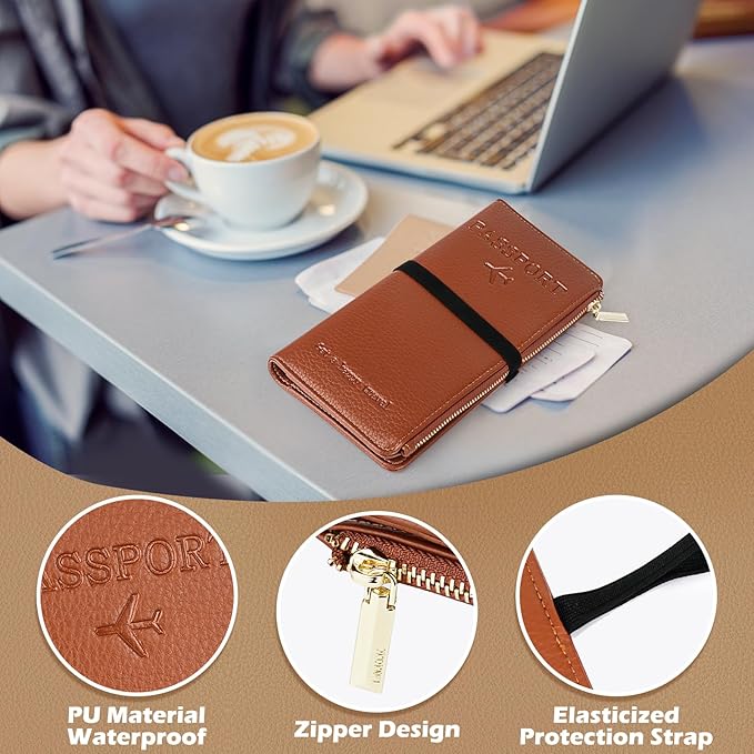 Travel Passport Wallet, RFID Blocking Passport Holder with Zipper, Passport Cover for Women Men, PU Leather Travel Document Organizer with Card Slots, Gift for Family Friends, Brown