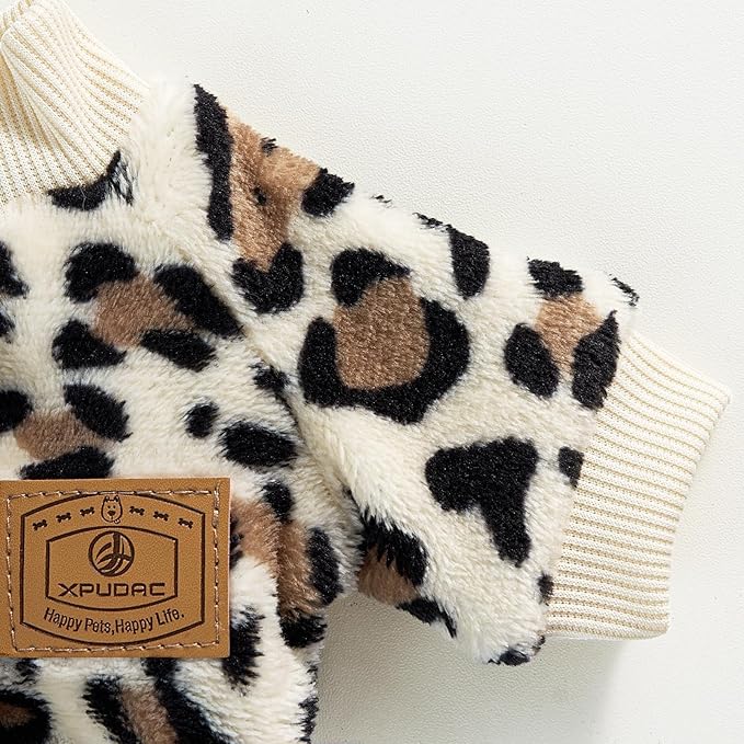 XPUDAC Fleece Dog Pajamas Leopard Dog Sweaters Winter Puppy Clothes for Small Medium Dogs Boy Girl Pet Jumpsuits Doggie Outfits for Christmas