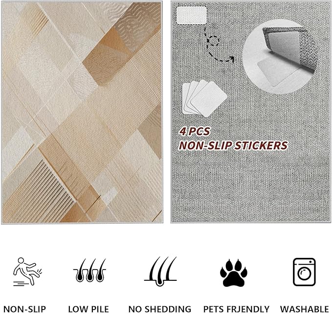 Minimalist Abstract Area Rug 8x10 Brown Boho, Modern Washable Stripe Art Rugs, Soft Non-Slip Low-Pile Carpet for Living Room, Bedroom, Kitchen, Dining Room, Pet Friendly, Non-Shedding, Beige