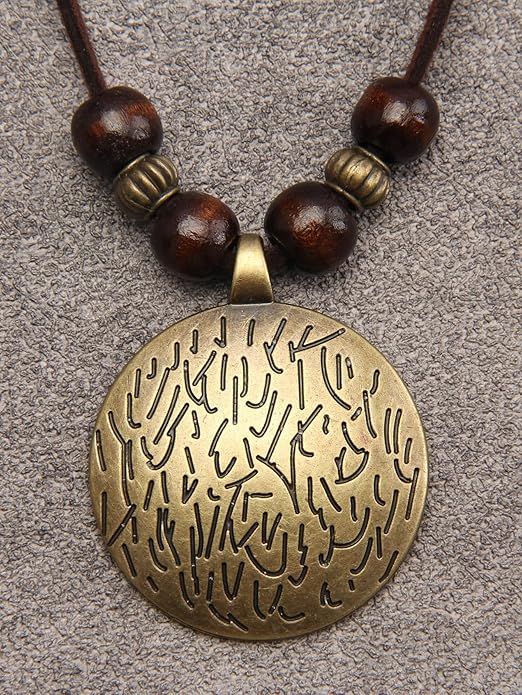 Leather Necklace for Women Boho Choker Necklace Long Cord Leather Pendant Bohemian Neckalce Vintage Alloy Pendant Leather Rope Necklace Wooden Necklaces for Women