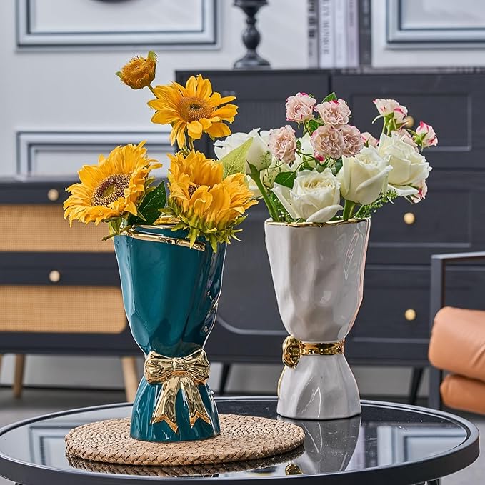 White and Gold Vase, Bow Vase for Home Decor, White Flower Vases for Boho Style, 9.65 Inch Large Vases for Ideal Table Decor, Ceramic Bouquet. (Glazed Exterior and Interior) (White, Large)