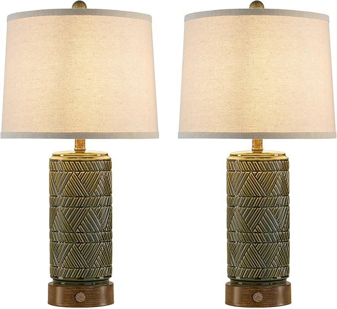 RORIA Set of 2 Retro Touch Table Lamps for Living Room Bedroom, 3 Way Dimmable Nightstand Lamp with 2 USB Port, Farmhouse Rustic Ceramic Desk Lamps for End Table Bedside, LED Bulbs Included