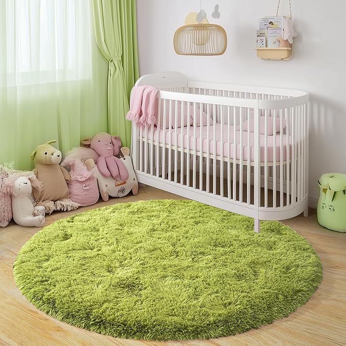 Round Fluffy for Bedroom Rugs, 4Ft Green Shag Circle Rug Non-Slip for Kids Girls Boys Bedroom Dorm Nursery Playroom, Soft Cute Area Rugs for Living Room Decor