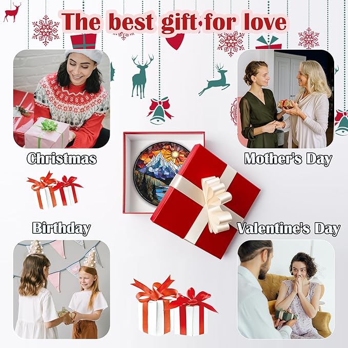 Stained Glass Window Hanging - Colorful Mountain Lake Landscape Sun Catcher for Door Garden Home Decor Suncatcher Christmas Mother's Day Birthday Gifts for Women Men Mom Nana 7.8 in