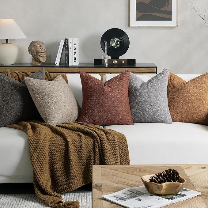 Throw Pillow Covers 20 x 20 Inch Set of 2, Accent Soft Boucle Textured Pillow Cover, Decorative Solid Color Cozy Cushion Pillow Case for Couch Bedroom Sofa Living Room Home Decor, Oatmeal