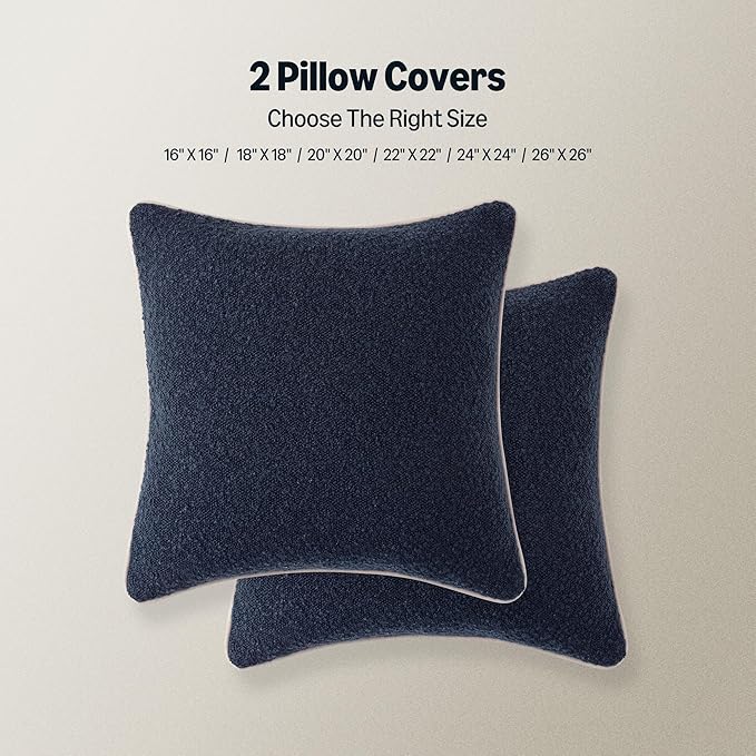 Amazon Basics Boucle Throw Pillow Covers for Couch, Living Room, Home Decor with Hidden Zipper, Blue, 26×26in, Pack of 2
