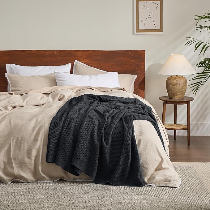 Bedsure Gentlesoft 100% Cotton Blanket King Size for Bed - Breathable and Soft, Thick Cozy Waffle Weave Christmas Blanket Gift for Women, Black, 104x90 inches