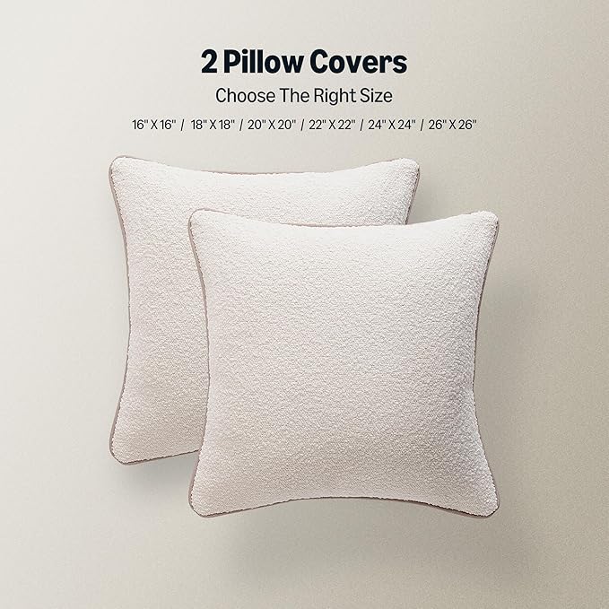 Amazon Basics Boucle Throw Pillow Covers for Couch, Living Room, Home Decor with Hidden Zipper, White, 18×18in, Pack of 2