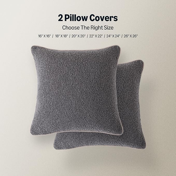 Amazon Basics Boucle Throw Pillow Covers for Couch, Living Room, Home Decor with Hidden Zipper, Grey, 16×16in, Pack of 2