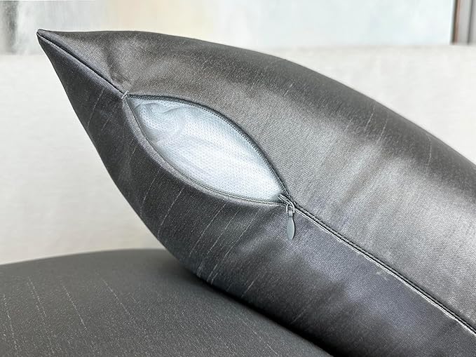 Aiking Home 18x18 Inches Faux Silk Square Throw Pillow Cover, Zipper Closure, Charcoal (Set of 2)