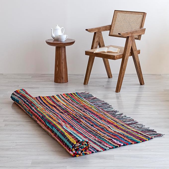 HOMEMONDE Multicolor Rag Rug with Tessels - 4'x6' Reversible Handcrafted Cotton Chindi Area Rug Vibrant Boho Home Decor for Bedroom, Living Room, Dining Room, Laundry Room