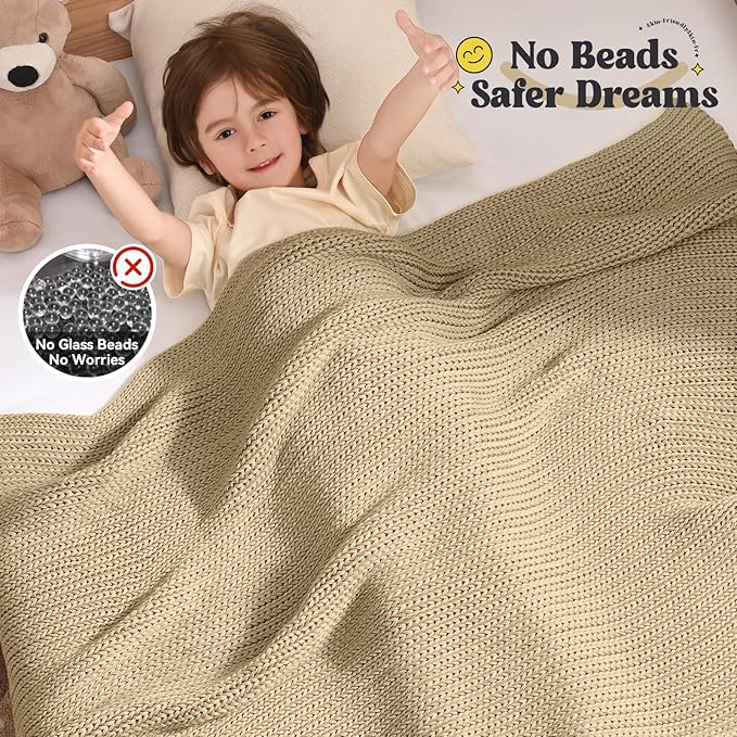 Guohaoi Knitted Weighted Blanket (Beige 40"x60" 10lbs) No Beads Cooling Heavy Blanket, Home Decor Breathable Chunky Knit Throw Blanket for All-Season Use