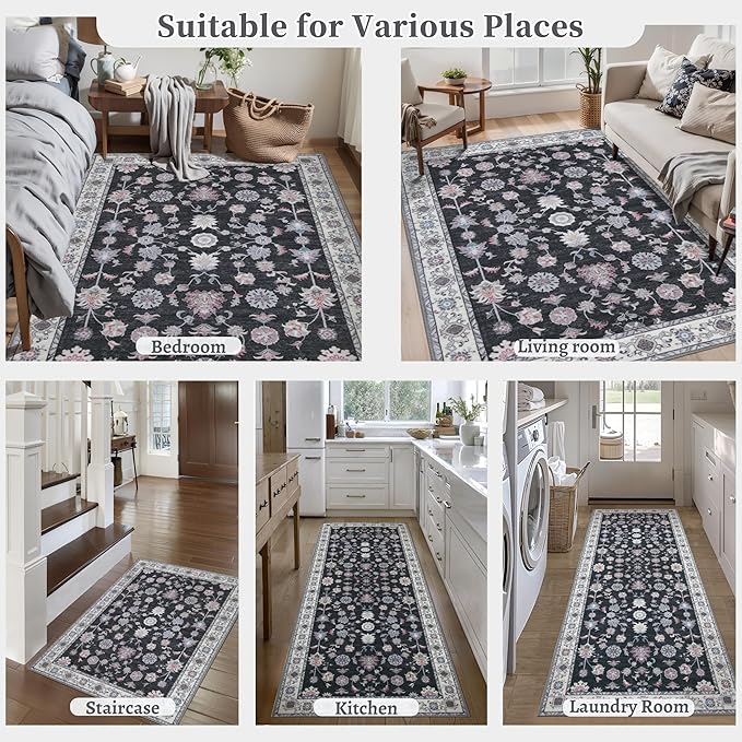 Tangsoo Floral Area Rug 5x7 Machine Washable Rug Non-Slip Vintage Distressed Boho Print, Low Pile Carpet for Living Room, Bedroom, Dining Room, Pet & Child Friendly (Room Decor)