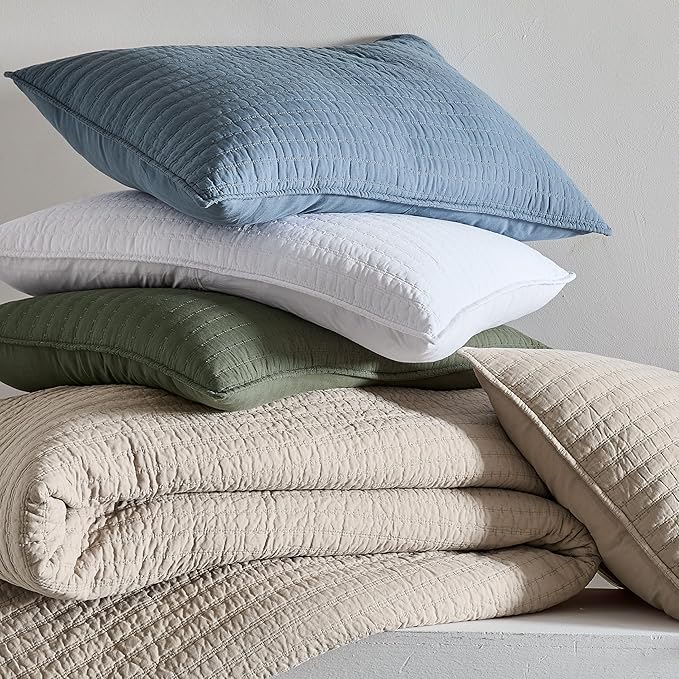 WDCOZY 100% Cotton King Size Quilt Set - Beige Neutral Striped Pick Stitch Soft Lightweight Bedspread, Textured Like Linen, Farmhouse Country Rustic Coverlet, Shabby Chic Gauze Bedding, 3 Pieces
