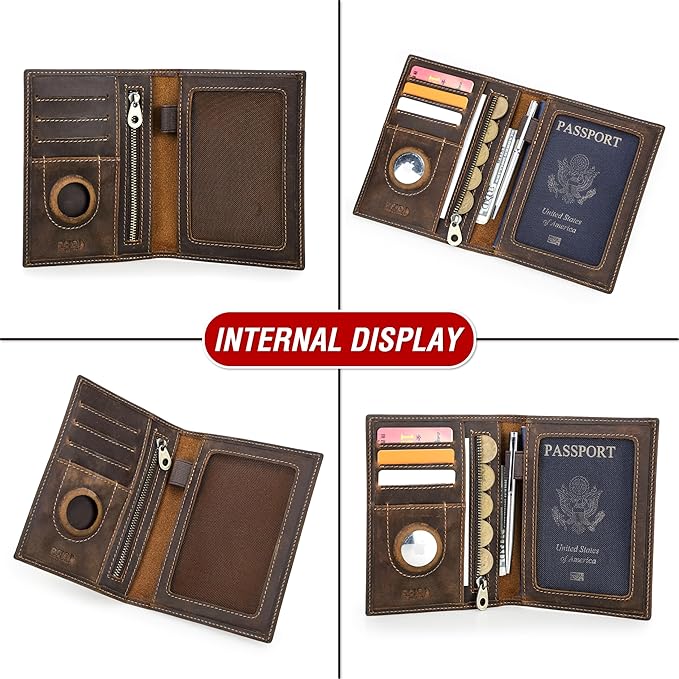 Top Grain Leather Single Travel Passport Wallet Embossing Badge for Unisex, Folio Design for Passport & Multi Cards, RFID Blocking for Passport/Cards/Checks/Bills/AirTag, Coffee Default, IT