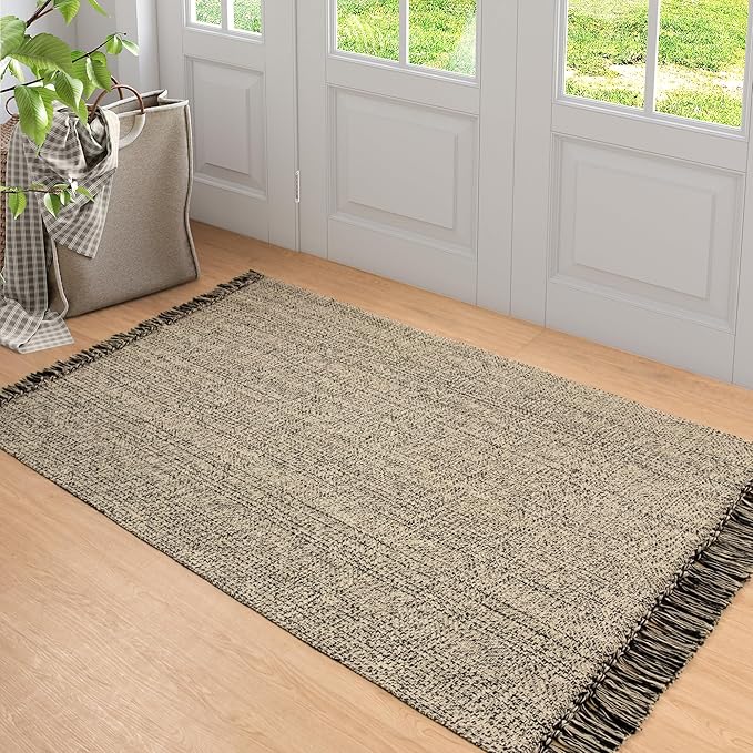Collive Washable Area Rug 3x5, Modern Woven Kitchen Rugs for Entryway, Natural/Black Braided Cotton Small Outdoor Rug Indoor Door Mat Throw Carpet for Living Room Nursery Mudroom Laundry Room Bedroom