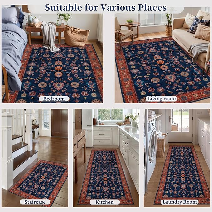 Tangsoo 2x10 Washable Runner Rug for Hallway Non Slip, Boho Floral Vintage Red Blue Carpet Long Runner Rugs for Entryway Kitchen, Floor Low Pile Runners for Laundry Bedroom Alfombra Farmhouse