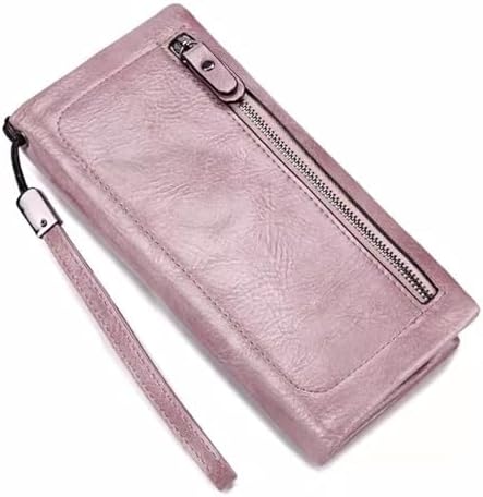Vyrnox Genuine Leather Women's Long Vintage Zipper Money Clip Clutch Bag with RFID Blocking Coin Purse for Women Including Gift Box (Pink)