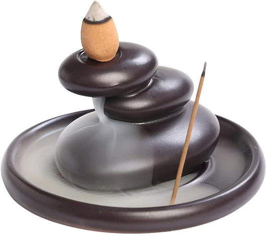 Zen Backflow Incense Burner, Ceramic Waterfall Incense Holder for Cone & Stick Incense, Handmade Three-Stone Design Aromatherapy Decor for Home, Yoga, Meditation, Relaxation
