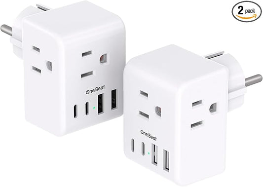2 Pack Germany France Travel Plug Adapter with 3 Outlets 4 USB Charging Ports(2 USB C), Type E/F International Power Adapter, Travel Essentials US to Europe France Germany South Korea Netherlands