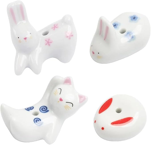 4Pcs Rabbit Cat Ceramic Incense Holder Cute White Animals Incense Sticker Holder Fun Home Decorative Ornaments for Home Room Decoration Yoga Spa Meditation Incense Holders