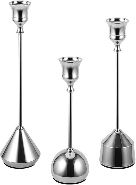 Elegant Vintage Silver Candlestick Holders, Set of 3 Taper Candle Holders with Weighted Base for Wedding, Dining Table, Holiday Decor