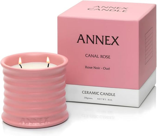 Annex Rose & Oud Luxury Scented Candle - 8oz Handmade Pink Ceramic Jar Candle - 50hr Clean Burn, 100% Non-Toxic Soy Wax, Aesthetic Home Decor Winter Gift for Men & Women - Luxury Floral Notes