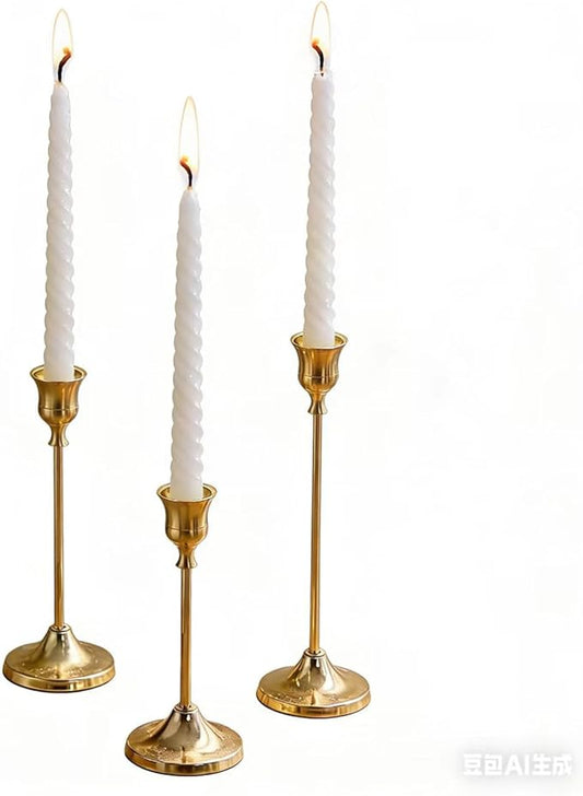 Gold Candlestick Holders 1 Set(3 Pcs)- Brushed Metal Taper Candle Holders with Anti-Slip Base, Vintage Brass Candle Stick Holder for Wedding Centerpieces, Dining Table, Fireplace & Mantel Dec