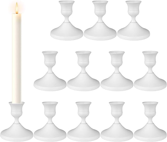 Candle Holders White Set of 12, Vintage Metal Candlestick Holders for Dinner Room Table Centerpiece, Low Metal Candles Sticks for Wedding Centerpieces Christmas Birthday Party (12, White)