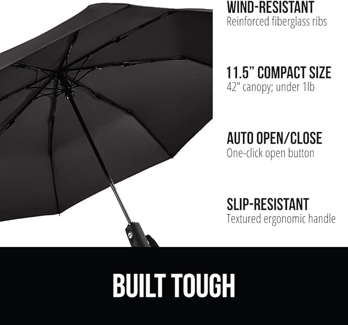 GORILLA GRIP Strong Windproof Stick Compact Umbrella for Rain, 2 PK, One-Click Automatic Open Close, Durable Quick Dry Waterproof Material, Lightweight, Travel Size Fits Backpack, Black Sky Blue