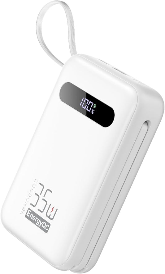 EnergyQC 20000mAh Portable Charger, 35W PD 3.0+QC 4.0 Fast Charging Power Bank with Built-in Lightning & USB-C in&Out Cables, Travel Battery Pack for iPhone 16/15/14/13, Samsung, iPad, Android, White