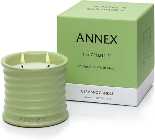 Annex Melon & Juniper Luxury Scented Candle - 8oz Handmade Green Ceramic Jar Candle - 50hr Clean Burn, 100% Non-Toxic Soy Wax, Aesthetic Home Decor Winter Gift for Men Women - Botanical Crisp Scent