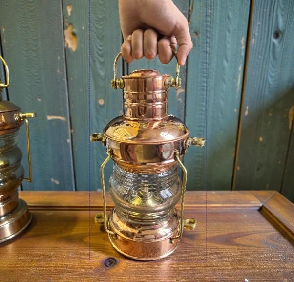 Antique Marine Brass Copper Lantern – Vintage Ship Oil Lamp with Clear Glass Lens for Nautical Home Décor, Collectors & Maritime Display