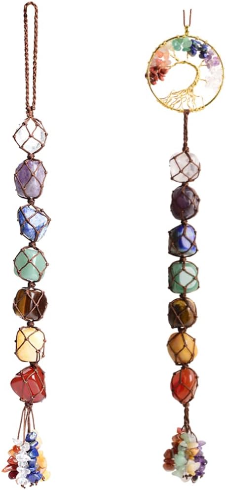 2 Pieces of 7 Chakras Healing Crystals and Tree of Life Wall Hanger Tumbled Gemstones Meditation Hanging Ornament Christmas Tree Memorial Hanging Pendant (Style 1)