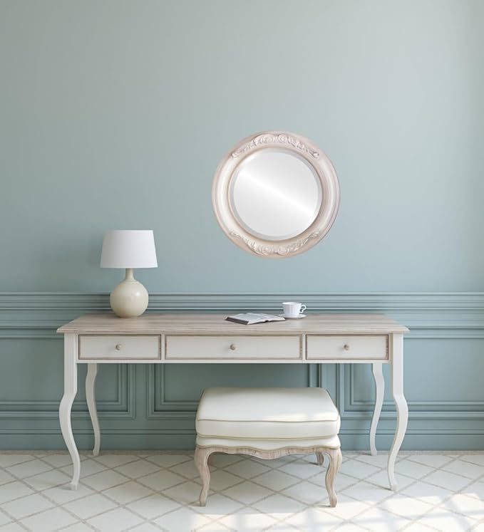 OVALCREST Round Beveled Wall Mirror for Home Decor - Florence Style - Taupe - 34x34 Outside Dimensions