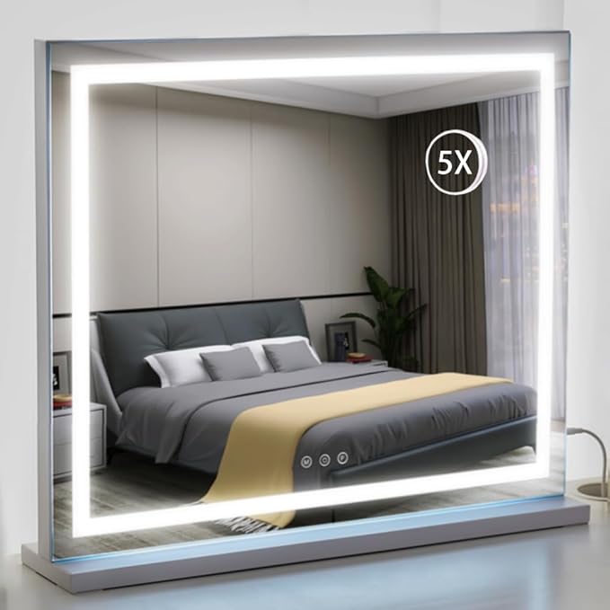 HIEEY Lighted Makeup Mirror, Hollywood Vanity Mirror with Lights, Three Color Lighting Modes, with 5X Magnification Mirror, Smart Touch Control, 360°Rotation (22.8in,White)