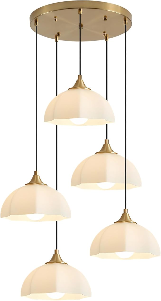 Modern 5 Light Brushed Gold Pendant Lighting Mid Century Milk Glass Cluster Pendant Lights Kitchen Island Adjustable Brass Hanging Chandelier Vintage White Ceramic Light Fixture MPL17-5R GD
