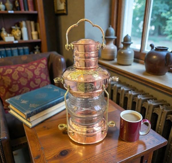 Antique Marine Brass Copper Lantern – Vintage Ship Oil Lamp with Clear Glass Lens for Nautical Home Décor, Collectors & Maritime Display