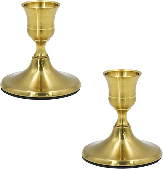 2 Pcs Gold Taper Candle Holders 2.8 Inch Vintage Short Skinny Metal Candlestick Holders for Table Centerpieces
