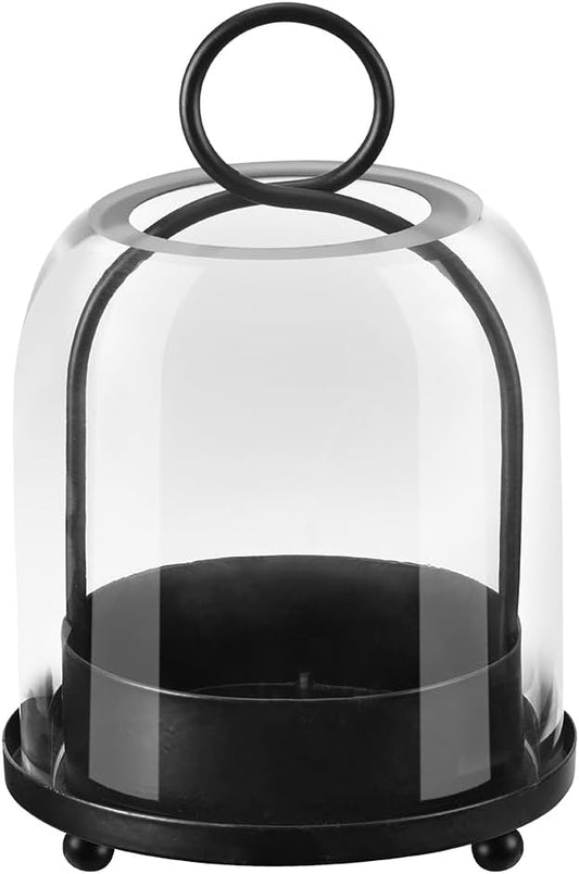 5"x7.5" Versatile Modern Metal Hurricane Lantern with Handmade Sturdy Glass Dome in Black for 3" Pillar Candle & Plants, Industrial, Farmhouse