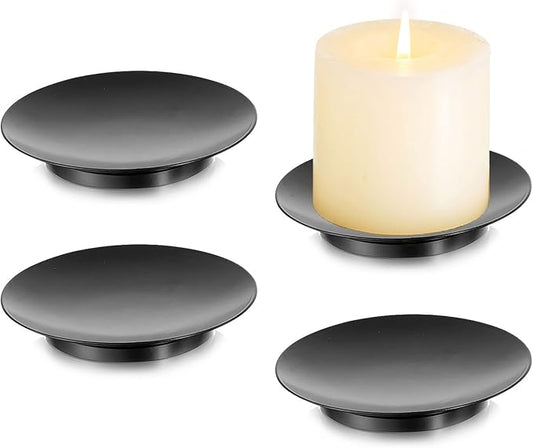Romadedi Iron Plate Candle Holder, Black Candle Holders for Pillar Candles, Set of 4 Small Candle Tray, Pillar Candle Holder Plate Metal Candle Stand for Coffee Table Decor, Wedding, Party, Home Decor