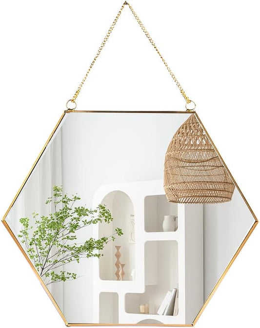 LONGWIN Hanging Wall Hexagon Mirror Decor Gold Geometric Mirror with Chain for Bathroom Bedroom Living Room 15.7"x 13.6"